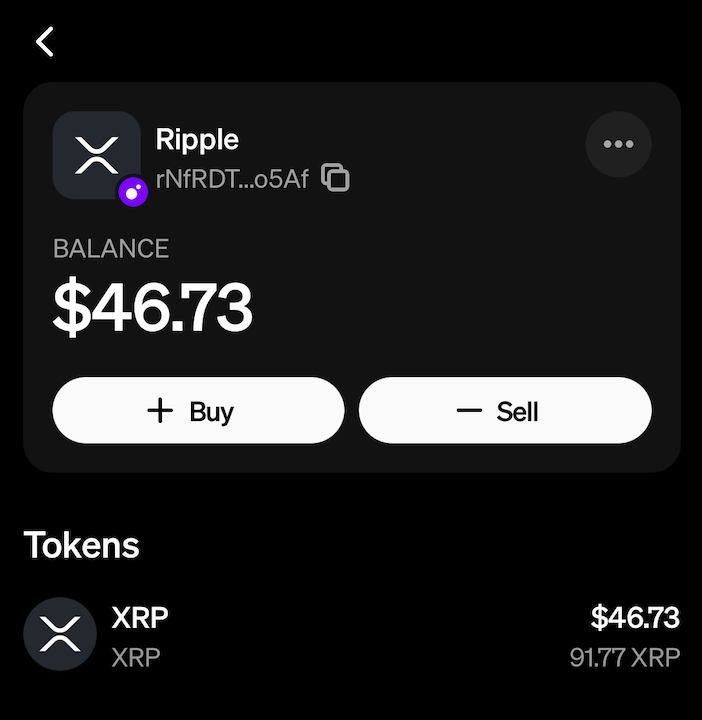 A screenshot of XRP tokens in the MoonPay app